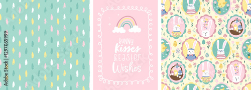 Matching Easter pattern with fun hand drawn Easter Bunnies, vintage style bunnies in cute frames, great for textiles, banners, wallpapers - vector design