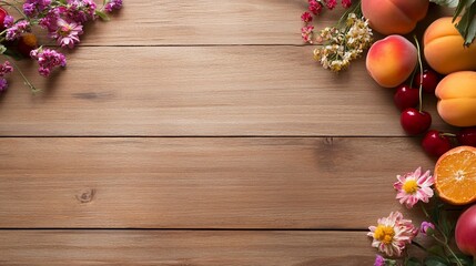 Summer fruits, flowers on wood.