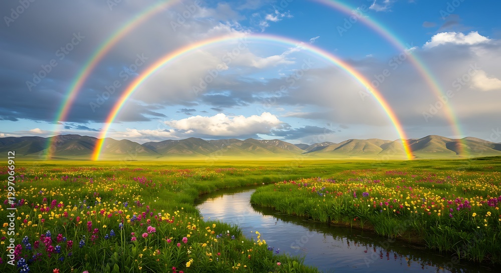 Naklejka premium Double Rainbow Over Meadow with Wildflowers and Winding Stream Landscape