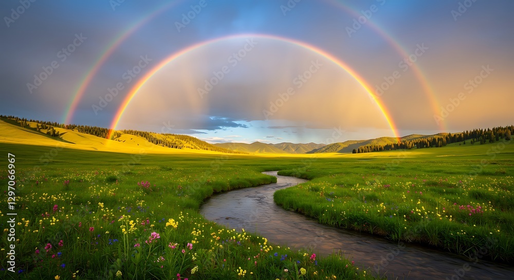 Naklejka premium Double Rainbow Over Green Field with Stream and Wildflowers Landscape