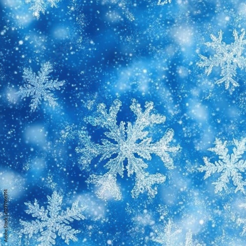 Snowflakes gently falling on a deep blue background creating a serene winter wonderland atmosphere. Generative AI