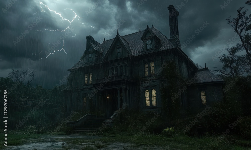 Stormy night, Victorian mansion, rain, dark trees, horror film scene Stormy night, Victorian mansion, rain, dark trees, horror film scene