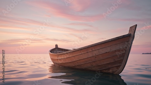 serene boat floating on calm water under pastel sky at sunset