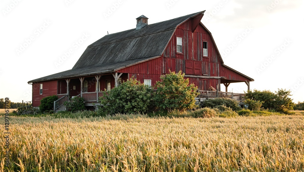 Quaint red barn house nestled among golden wheat fields evoking a peaceful rural charm Quaint red barn house nestled among golden wheat fields evoking a peaceful rural charm