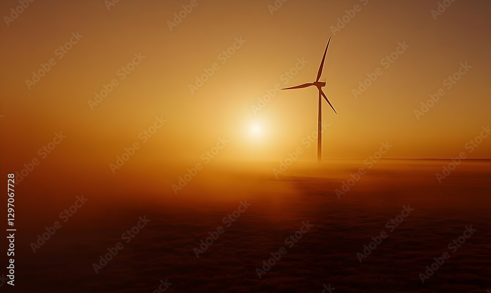 Obraz premium Wind Turbine Emerging from Fog at Sunrise, A Symbol of Renewable Energy