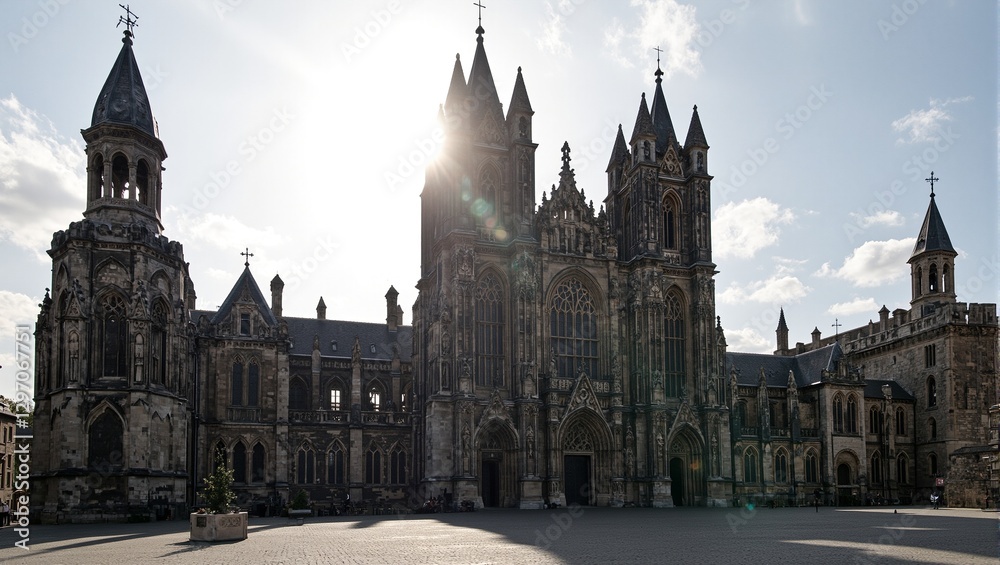 Majestic Gothic cathedral at sunset illuminated with warm light intricate carvings and dramatic shadows Majestic Gothic cathedral at sunset illuminated with warm light intricate carvings and dramatic shadows