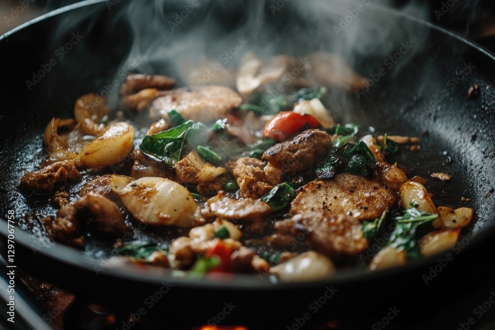 A person is cooking meat and vegetables in a skillet on a stove A person is cooking meat and vegetables in a skillet on a stove