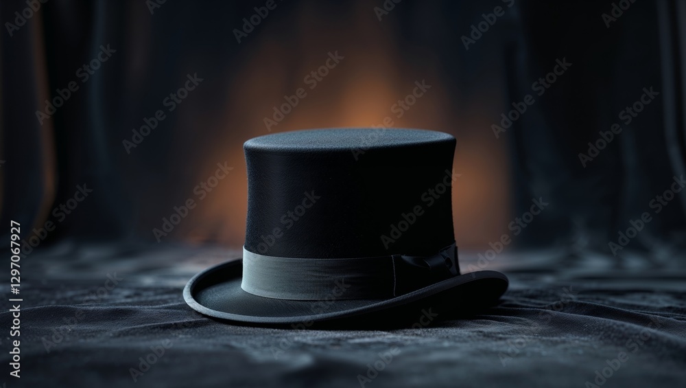 Black top hat displayed on a dark background showcasing elegance and vintage fashion style.