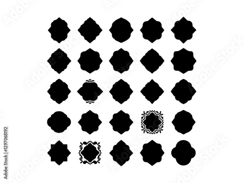 A set of decorative, black silhouette labels or badges with different geometric and floral shapes, different black color grid patterns, ribbon type design vector black and white background.
