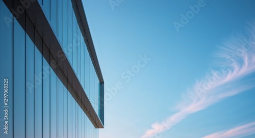 Modern building corner with expansive glass windows and a clear blue sky photo