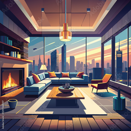 Modern City Living Room with Skyline View