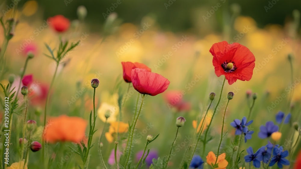 Obraz premium A vibrant field filled with colorful flowers, suitable for use in designs related to nature, beauty, or happiness