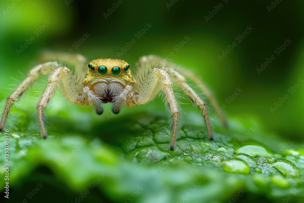A close-up view of a spider sitting on a leaf, showcasing its intricate details and tiny legs A close-up view of a spider sitting on a leaf, showcasing its intricate details and tiny legs