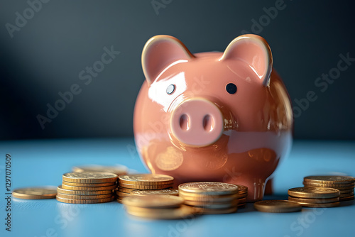 Piggy bank and coins representing smart savings photo