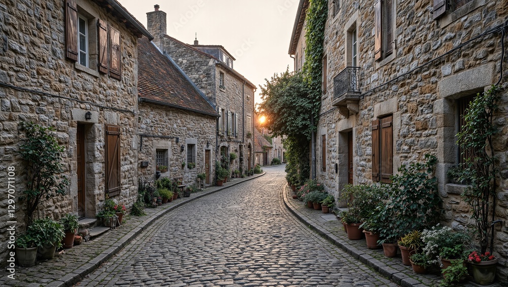 Fototapeta premium Discover a charming old village cobblestone street stone cottages wooden shutters golden light Perfect for travel brochures and historic themes