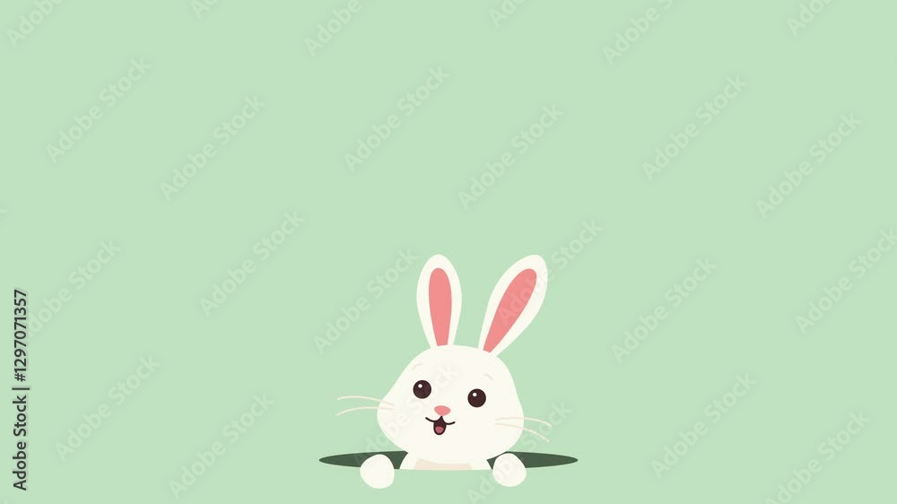 A white Easter bunny emerges from a burrow and looks around on a light green background. Animation for the Easter holiday. A white Easter bunny emerges from a burrow and looks around on a light green background. Animation for the Easter holiday.