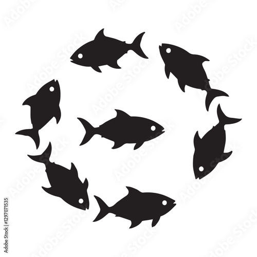 School fish silhouette. Group sea shoal small fishes swim in circle, shoaling and schooling ocean life, underwater ecosystem deep marine animals, plenty tuna, set black neat icons white background