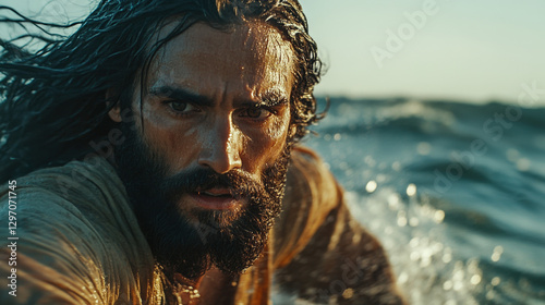 Jesus with Wet Hair Emerging from Rough Waters with Intense Expression