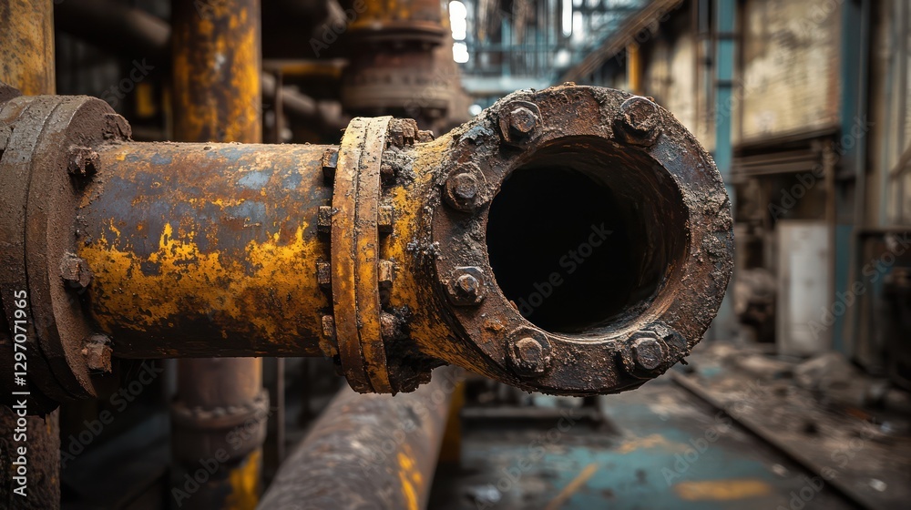 The rusty pipe and flanges are showing advanced corrosion deterioration The rusty pipe and flanges are showing advanced corrosion deterioration