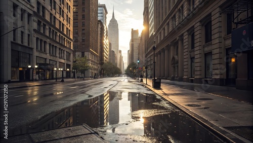 Urban art background. City after the rain. Empty streets, the sun reflecting in puddles. Generative AI.