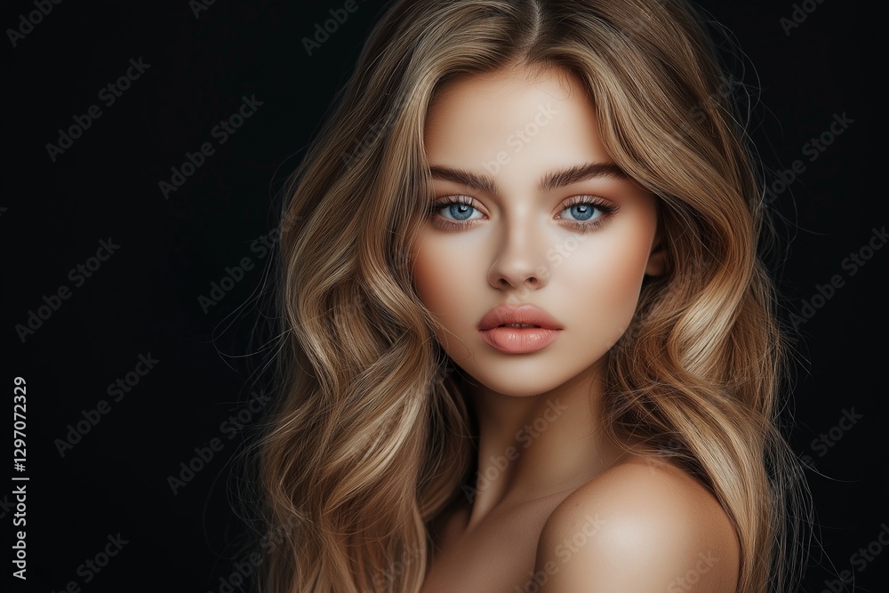 Studio portrait featuring a young woman with flawless skin and flowing wavy blonde hair, exuding beauty and elegance against a rich dark backdrop, highlighting cosmetics and style Studio portrait featuring a young woman with flawless skin and flowing wavy blonde hair, exuding beauty and elegance against a rich dark backdrop, highlighting cosmetics and style