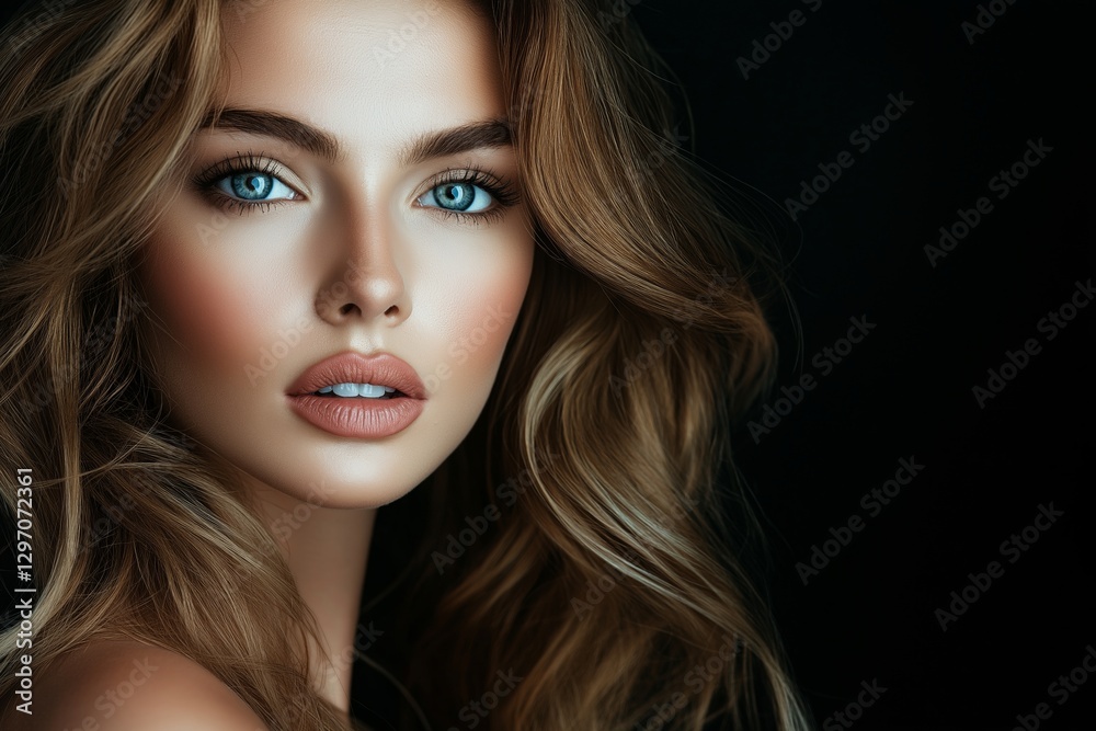 Fototapeta premium Studio portrait featuring an attractive young woman with long, wavy blond hair and flawless skin, showcasing nude makeup while posing against a striking black background