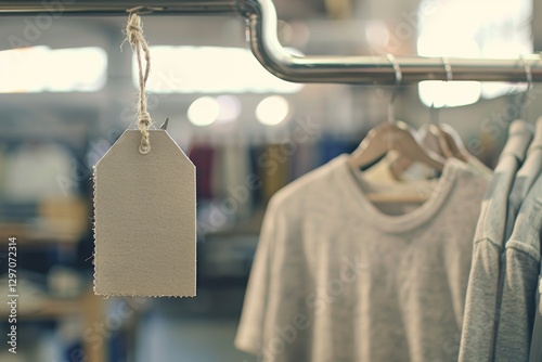 Fashion retail display with blank clothing tag hanging on garment rack photo