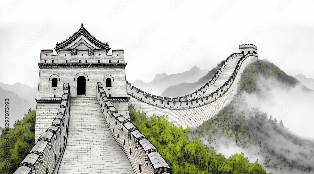Ancient Grey Stone Wall Winding Through Misty Green Hills Ancient Grey Stone Wall Winding Through Misty Green Hills