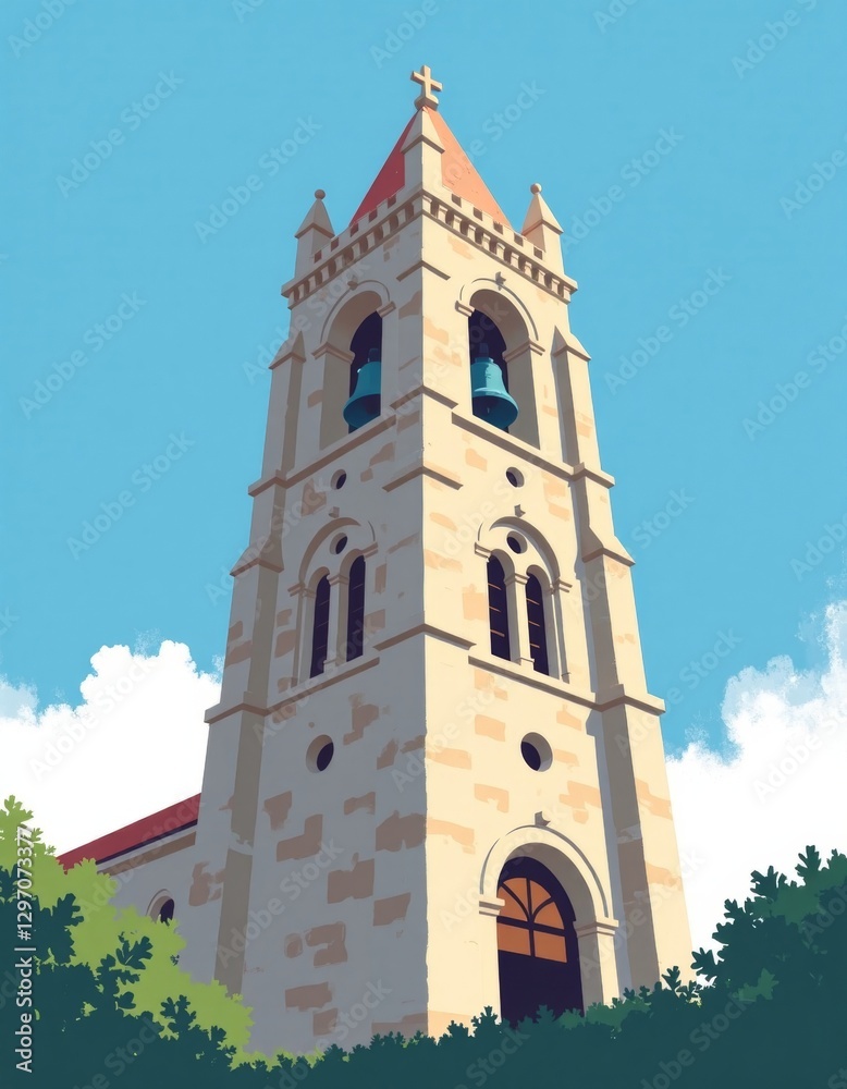 Fototapeta premium Tall stone church bell tower, minimalist flat color illustration, clear blue sky background, copyspace on the left for text or design