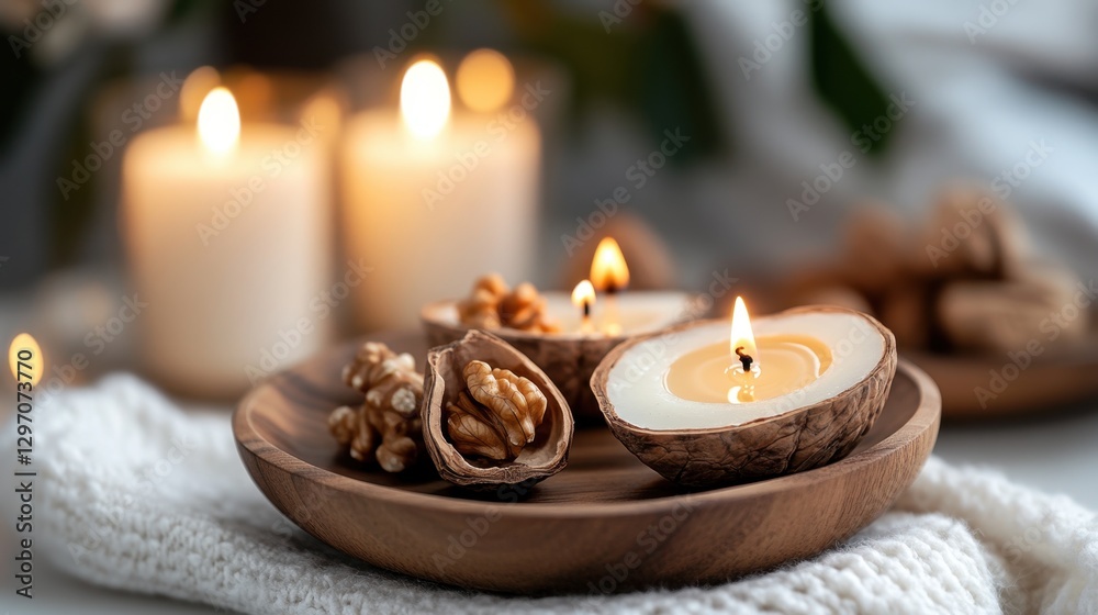Cozy candlelit scene with walnut candles and warm lighting Cozy candlelit scene with walnut candles and warm lighting