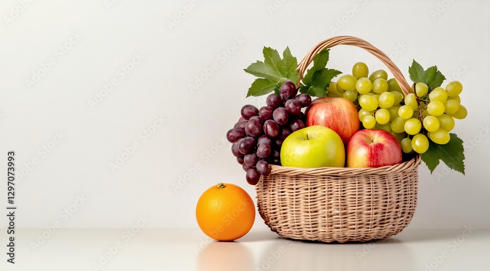 Fresh Fruit in Wicker Basket on White Surface Fresh Fruit in Wicker Basket on White Surface