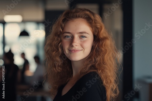 Wallpaper Mural Confident young businesswoman with long, curly red hair smiling in a modern office, exuding professionalism and warmth while colleagues collaborate in the background Torontodigital.ca