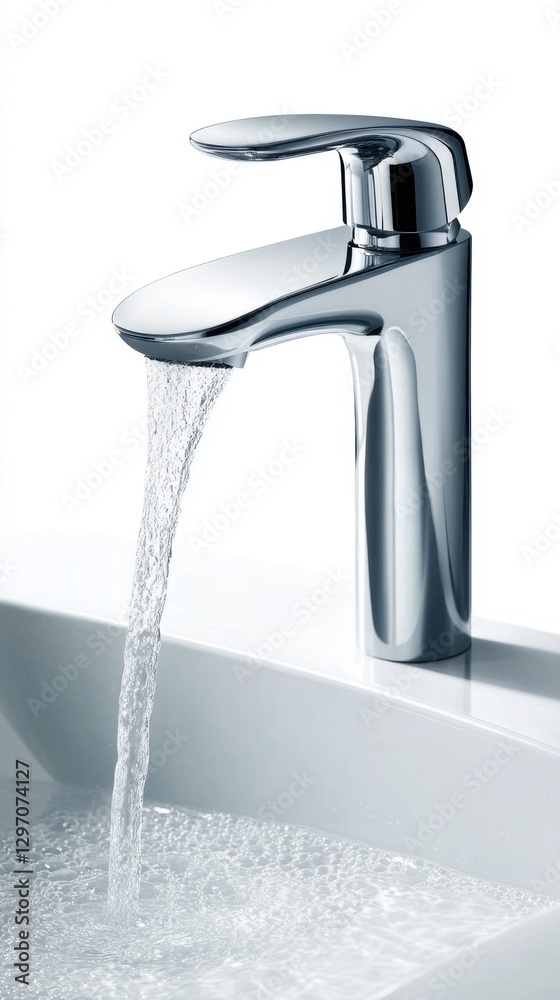 Sleek modern chrome faucet with flowing water in bright bathroom setting. Water Saving Week Sleek modern chrome faucet with flowing water in bright bathroom setting. Water Saving Week