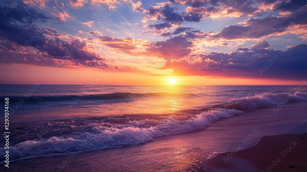 Fototapeta premium The Beautiful Sunrise Over the Ocean with Colorful Waves