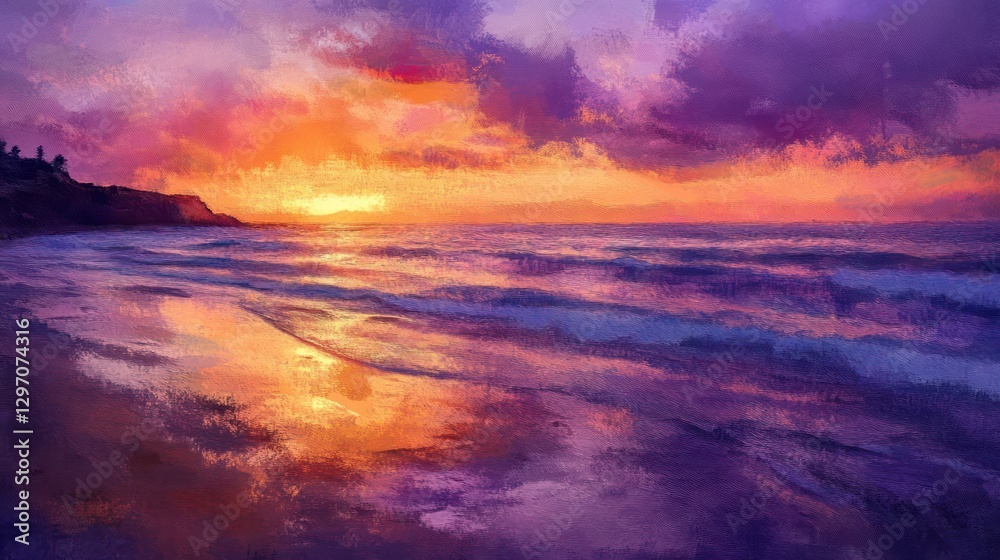 Fototapeta premium A colorful depiction of a sunset over the ocean shoreline