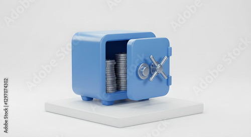 Small blue metal safe with stacked coins inside, displayed on white platform. Modern minimalist security box for money storage. Banking and savings concept. Financial protection design