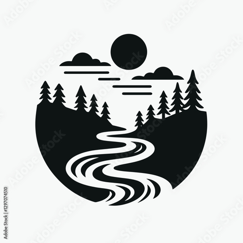 very simple flat and single minimalist Brook Silhouette in black on a white background