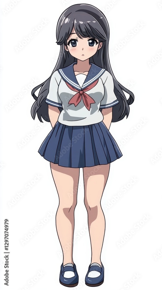 School Girl Portrait: A full-length portrait of a young school girl with a serene expression. She stands in a classic sailor-style school uniform. School Girl Portrait: A full-length portrait of a young school girl with a serene expression. She stands in a classic sailor-style school uniform.