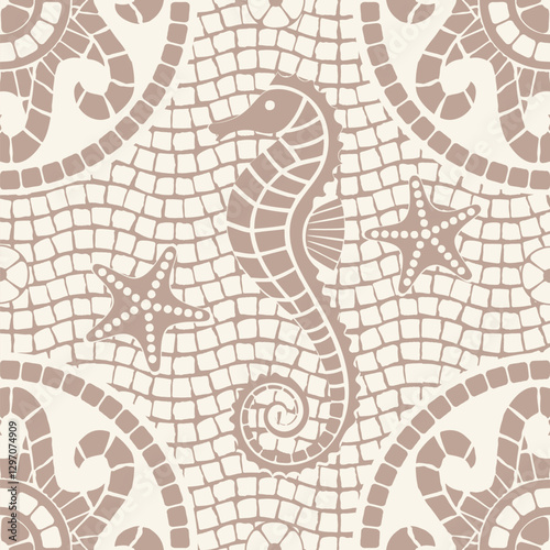 Seamless beige mosaic pattern featuring a stylized seahorse, starfish, and oceanic ornaments.For textile design, cramic tiles, wallpaper, packaging, branding, and decorative projects.