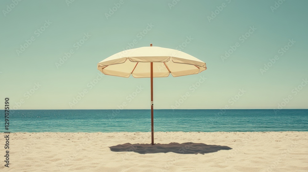 A single beach umbrella provides shade on a sunny beach day
