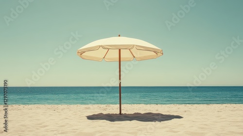 A single beach umbrella provides shade on a sunny beach day