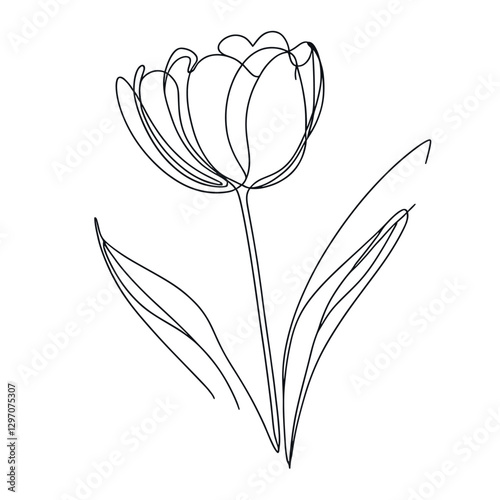 Tulip one line drawing.Abstract flower continuous line. Minimalist contour drawing of tulip. Continuous line drawing of flower tulip.Hand drawn sketch of flower with leaves