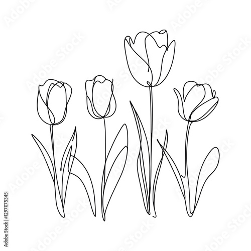 Tulip one line drawing.Abstract flower continuous line. Minimalist contour drawing of tulip. Continuous line drawing of flower tulip.Hand drawn sketch of flower with leaves