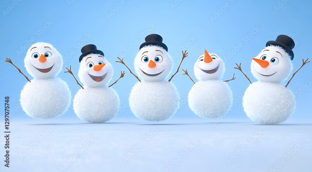 Five Cheerful Snowmen Celebrate on Light Blue Background Five Cheerful Snowmen Celebrate on Light Blue Background