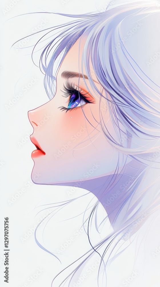 Serene Reflection: Profile view of a captivating young woman with flowing silver hair and piercing blue eyes, her gaze directed upward, evoking a sense of introspection and gentle beauty. Serene Reflection: Profile view of a captivating young woman with flowing silver hair and piercing blue eyes, her gaze directed upward, evoking a sense of introspection and gentle beauty.