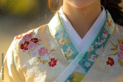 Close-up portrait of a woman wearing traditional Japanese clothing