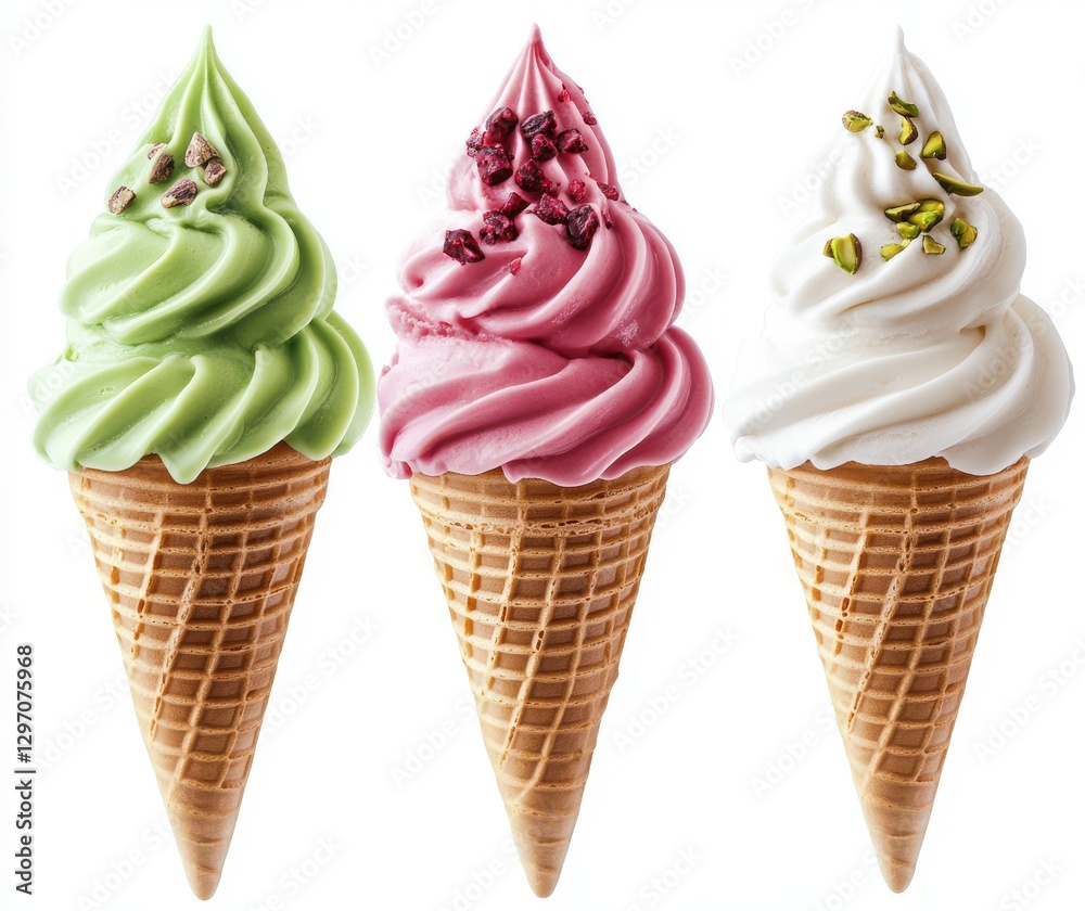Colorful Ice Cream Cones with Mint, Raspberry, and Vanilla Flavors in Waffle Cones Ideal for Summer Treats and Dessert Promotions Colorful Ice Cream Cones with Mint, Raspberry, and Vanilla Flavors in Waffle Cones Ideal for Summer Treats and Dessert Promotions