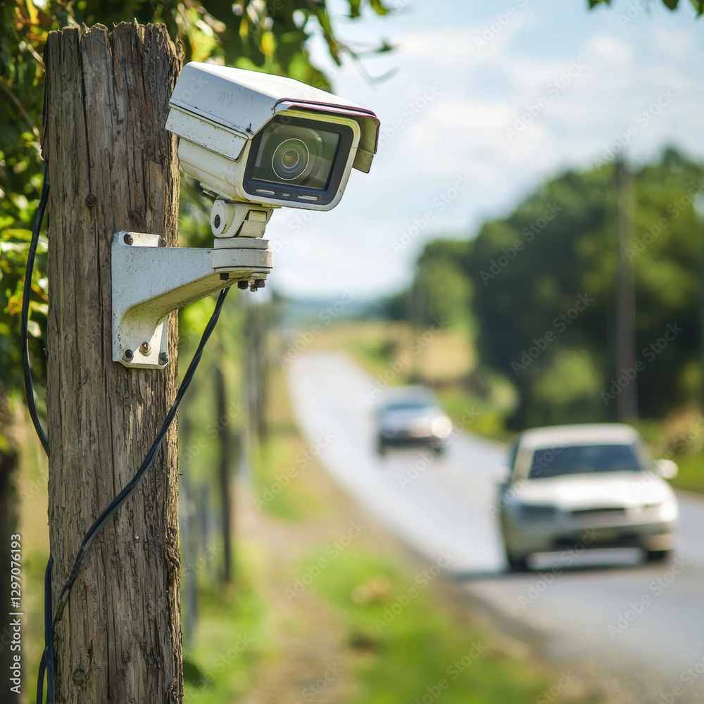 Weathered security camera mounted on a wooden pole near a rural road, monitoring passing vehicles with a blurred car approaching in the background on a sunny day Weathered security camera mounted on a wooden pole near a rural road, monitoring passing vehicles with a blurred car approaching in the background on a sunny day