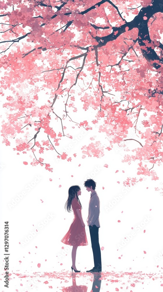 Obraz premium Serene Cherry Blossom Romance: An anime-style illustration depicting a tender moment of love under a canopy of blooming cherry blossoms, with soft colors and delicate details.