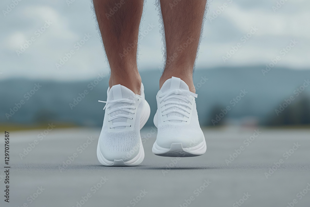 Running on an open road in white athletic shoes during a cloudy day Running on an open road in white athletic shoes during a cloudy day
